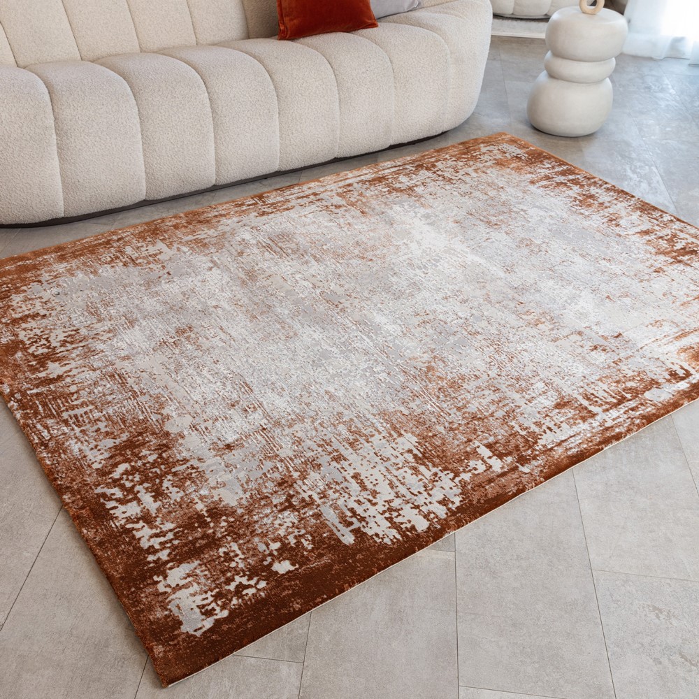 Kuza Border Modern Distressed Rug in Terracotta Orange